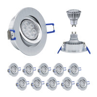 10er Set MILI Einbauleuchtenn Alu gebürstet 8W GU10 2700K Warmweiss 230V 430 lumen