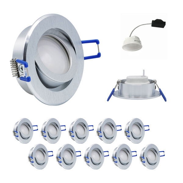 10 x LED Modul und Einbauleuchten in Alu gebürstet MR16 50mm Warmweiß 3000K Satiniert 120° Raumlicht 400 Lumen 5W = 40W - geringe Einbautiefe
