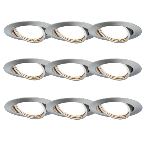 TIP Einbauleuchten 9er Set rund schwenkbar LED 3-Stufen-dimmbar 9x4,8W 475 lumen 230V 51mm Eisen gebürstet/Metall